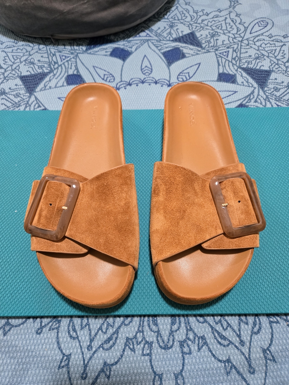 Vince Orange Suede Buckle Slide Sandals